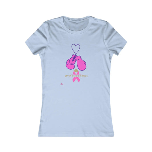 Baby blue t-shirt featuring a design of pink boxing gloves hanging from a heart outline above a pink ribbon. Perfect for promoting breast cancer awareness, the text below reads Never Stop Fighting. Available at the Gifts for Mom store.