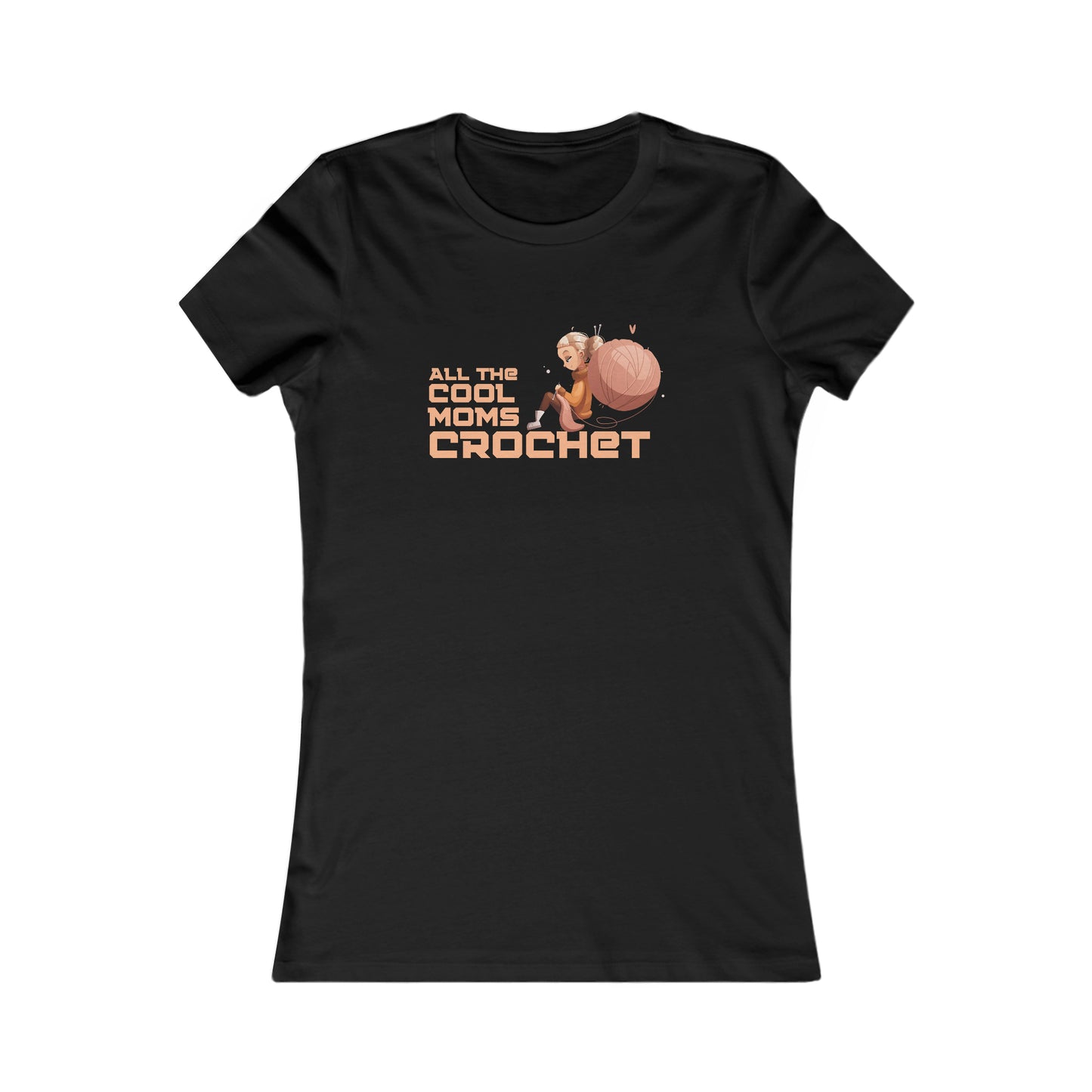 Celebrate moms who crochet with this black T-shirt from the Gifts For Mom store, featuring ALL THE COOL MOMS CROCHET and a charming illustration of a woman seated beside a large ball of yarn with a crochet hook.
