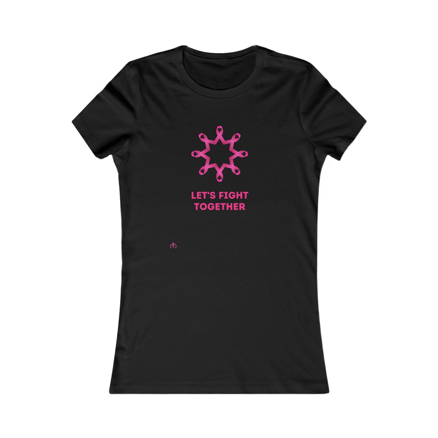 Black t-shirt featuring a Breast Cancer Awareness pink ribbon design forming a flower shape. Below, LETS FIGHT TOGETHER is boldly inscribed in pink. Available at the Gifts for Mom store, this tee supports a meaningful cause with style.