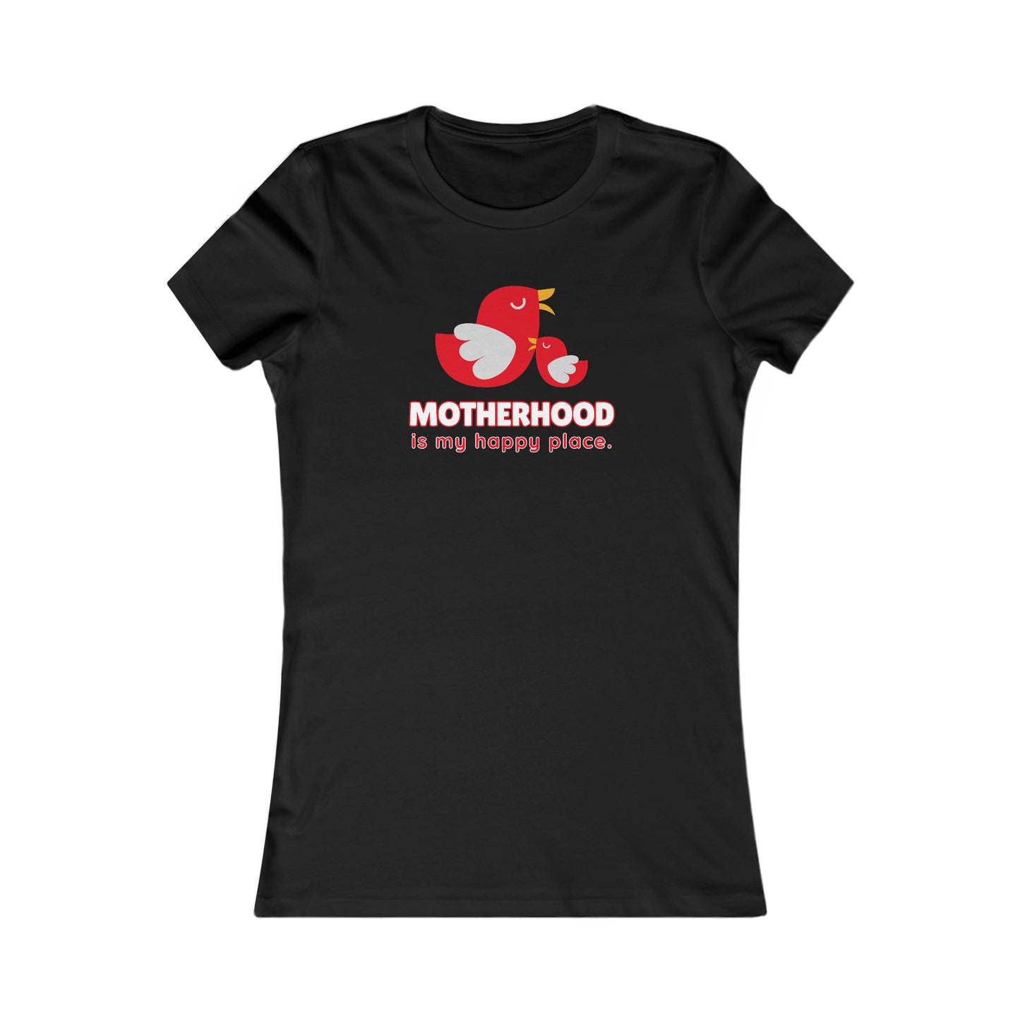 Black t-shirt with a red cartoon of a mother bird and a baby bird, above the text MOTHERHOOD is my happy place. Available at the Gifts For Mom store, it’s perfect for those looking to celebrate mom in style.