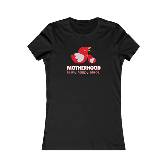Black t-shirt with a red cartoon of a mother bird and a baby bird, above the text MOTHERHOOD is my happy place. Available at the Gifts For Mom store, it’s perfect for those looking to celebrate mom in style.