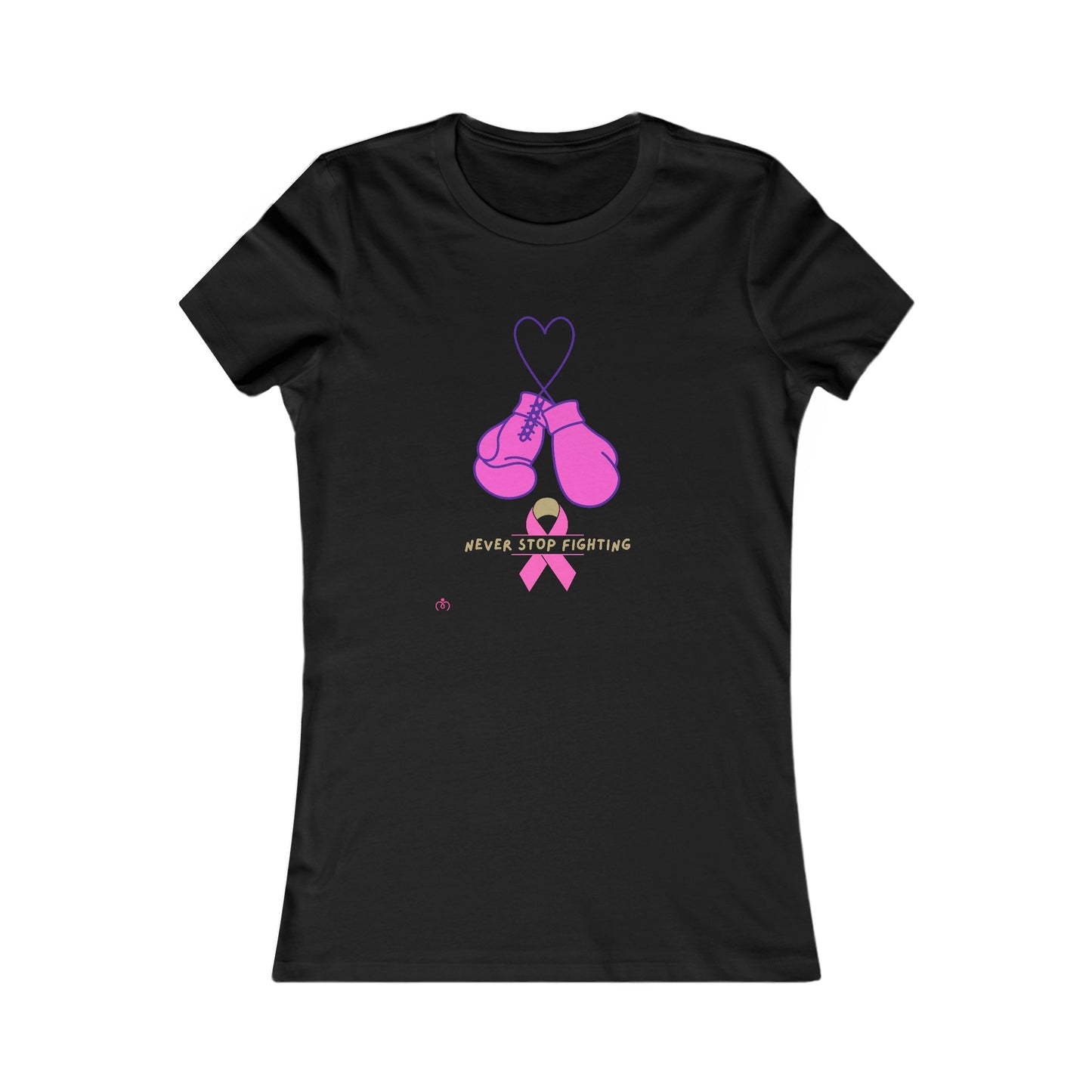 Black t-shirt featuring a design of pink boxing gloves hanging from a heart outline above a pink ribbon. Perfect for promoting breast cancer awareness, the text below reads Never Stop Fighting. Available at the Gifts for Mom store.