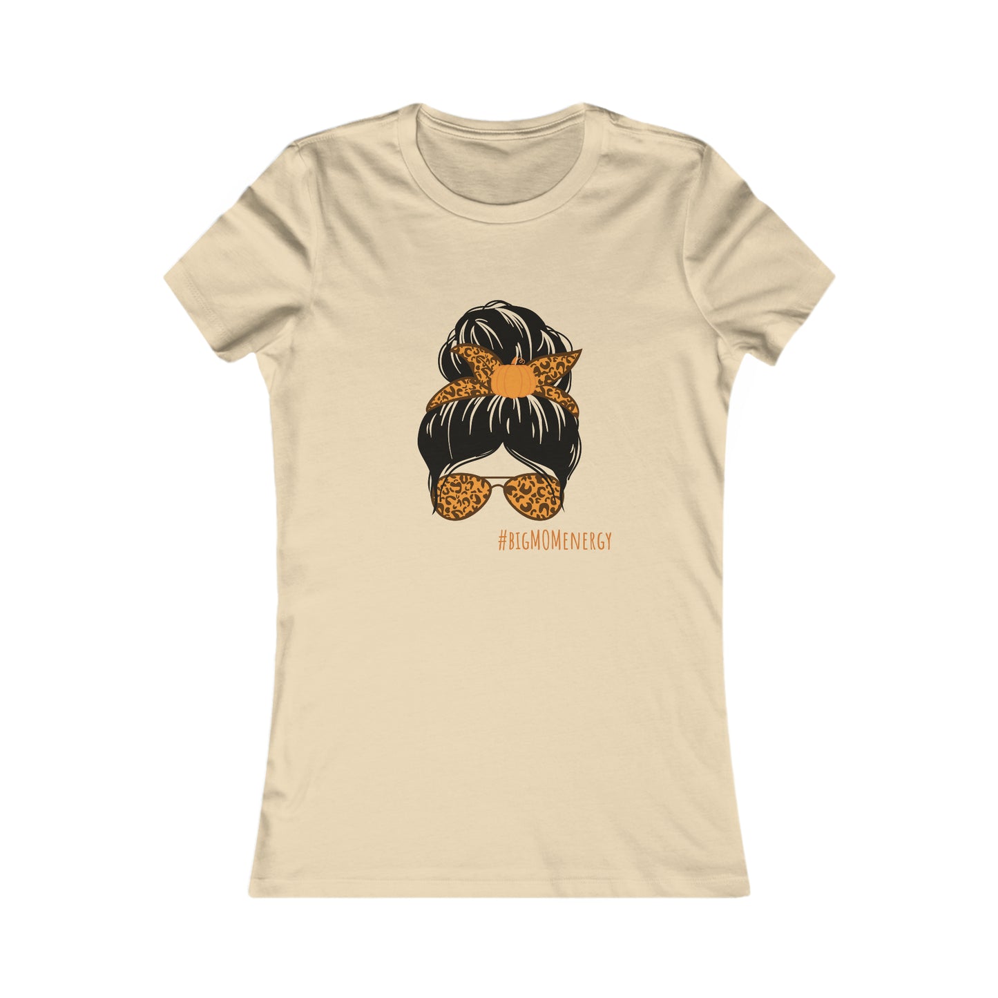 Discover the perfect gift at the Gifts For Mom store: a cream T-shirt adorned with an illustration of a womans hair in a bun, accented by a leopard print bandana and matching sunglasses. Embrace #BIGMOMENERGY with this charming design!.