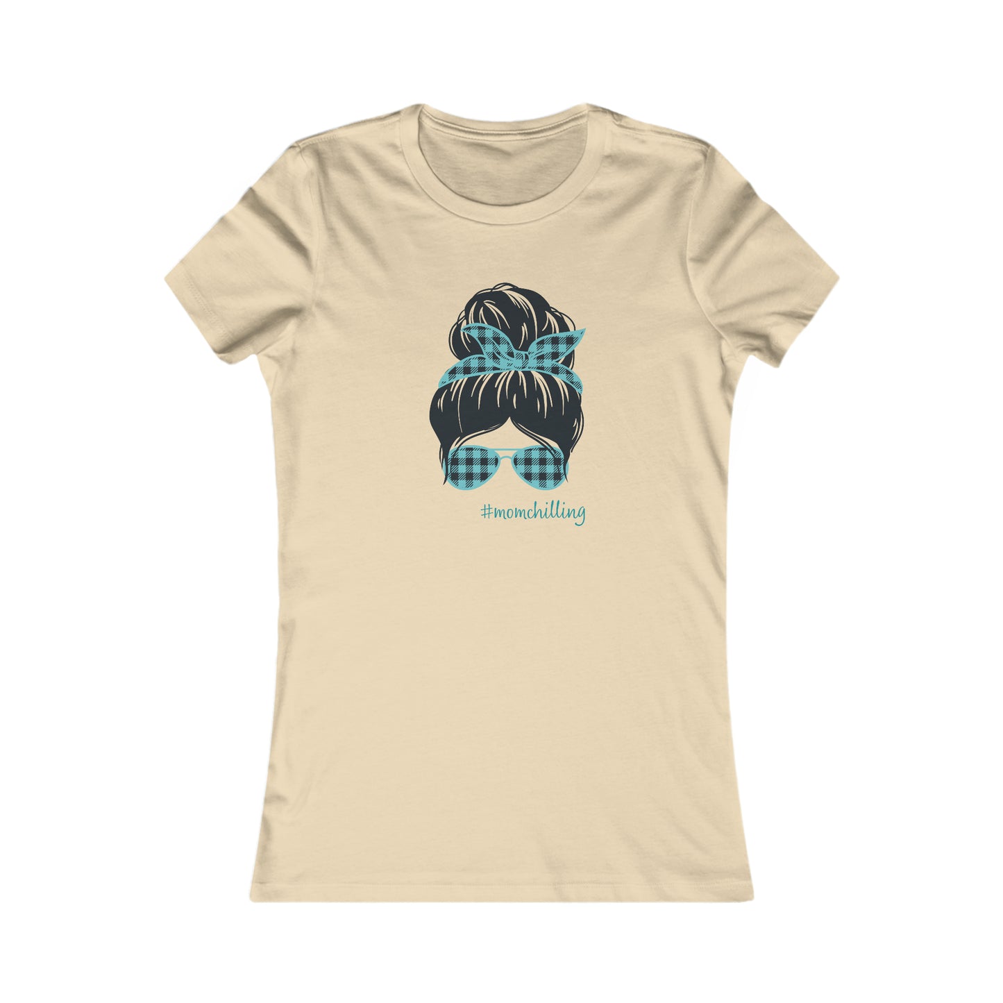 You have found the perfect gift at the Gifts For Mom store: a cream t-shirt adorned with an illustration of a womans hair in a bun, accented by a blue and black checkered print bandana and matching sunglasses. Embrace #MOMCHILLING with this charming design!.