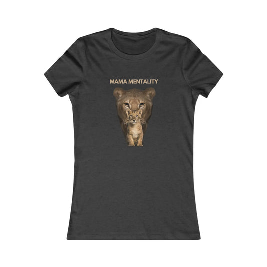 This striking dark grey heather t-shirt features a mama lion menacingly staring over her lion cub with the words mama mentality above her head. Perfect for the Gifts For Mom store, its both empowering and stylish.