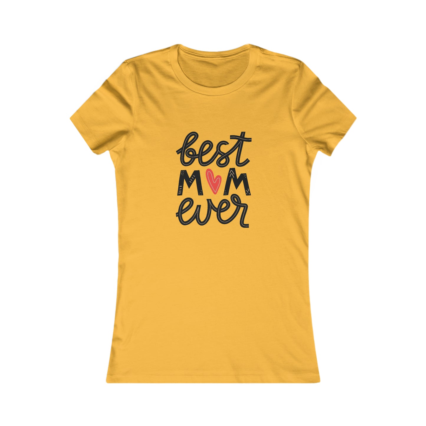 Celebrate mom with a bright gold T-shirt from the Gifts For Mom store. Featuring best MOM ever on the front, where a red heart charmingly replaces the letter O, this shirt is beautifully laid out against a plain white background.