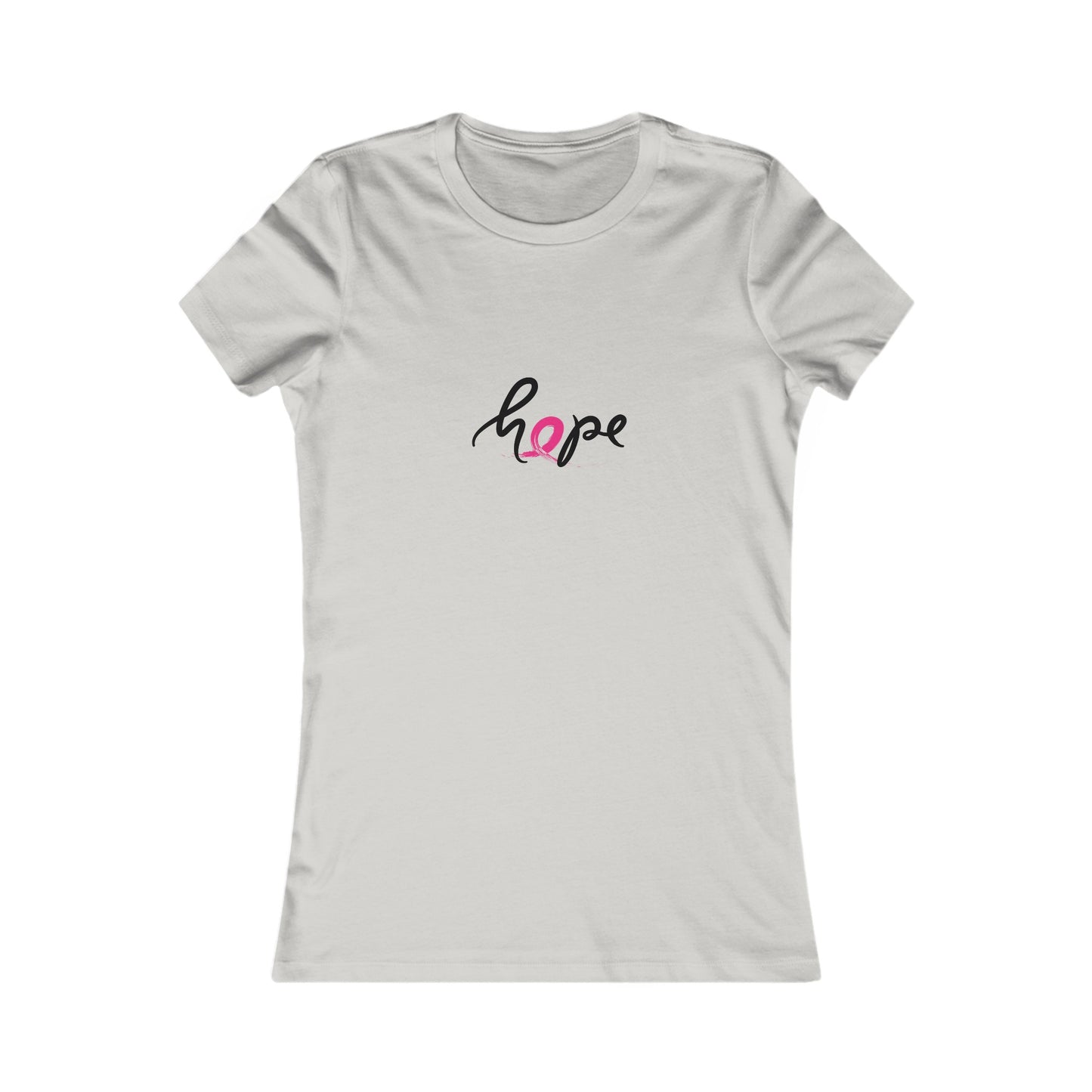 Grey t-shirt with the word hope elegantly printed in black and pink. The o is actually a pink ribbon, perfect for supporting breast cancer awareness. The fitted design is showcased on a plain white background, making it an ideal find at the Gifts For Mom store.