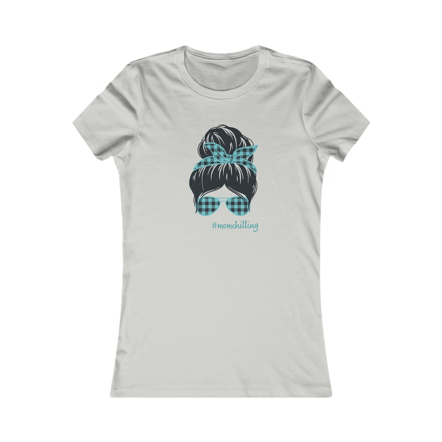 You have found the perfect gift at the Gifts For Mom store: a grey t-shirt adorned with an illustration of a womans hair in a bun, accented by a blue and black checkered print bandana and matching sunglasses. Embrace #MOMCHILLING with this charming design!.