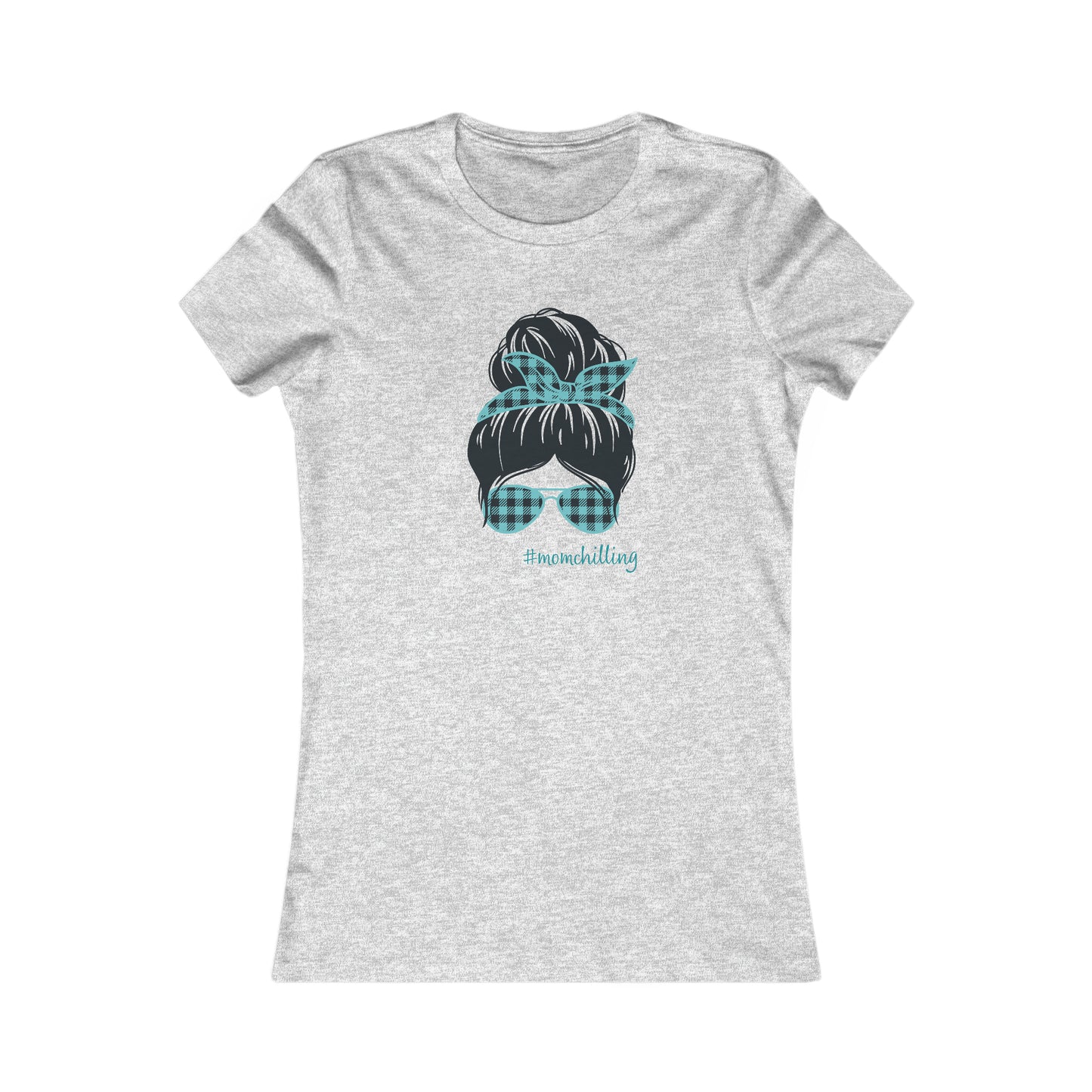 You have found the perfect gift at the Gifts For Mom store: a heather grey t-shirt adorned with an illustration of a womans hair in a bun, accented by a blue and black checkered print bandana and matching sunglasses. Embrace #MOMCHILLING with this charming design!.