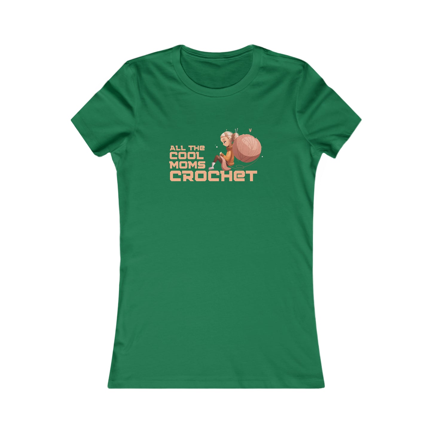 Celebrate moms who crochet with this kelly green T-shirt from the Gifts For Mom store, featuring ALL THE COOL MOMS CROCHET and a charming illustration of a woman seated beside a large ball of yarn with a crochet hook.