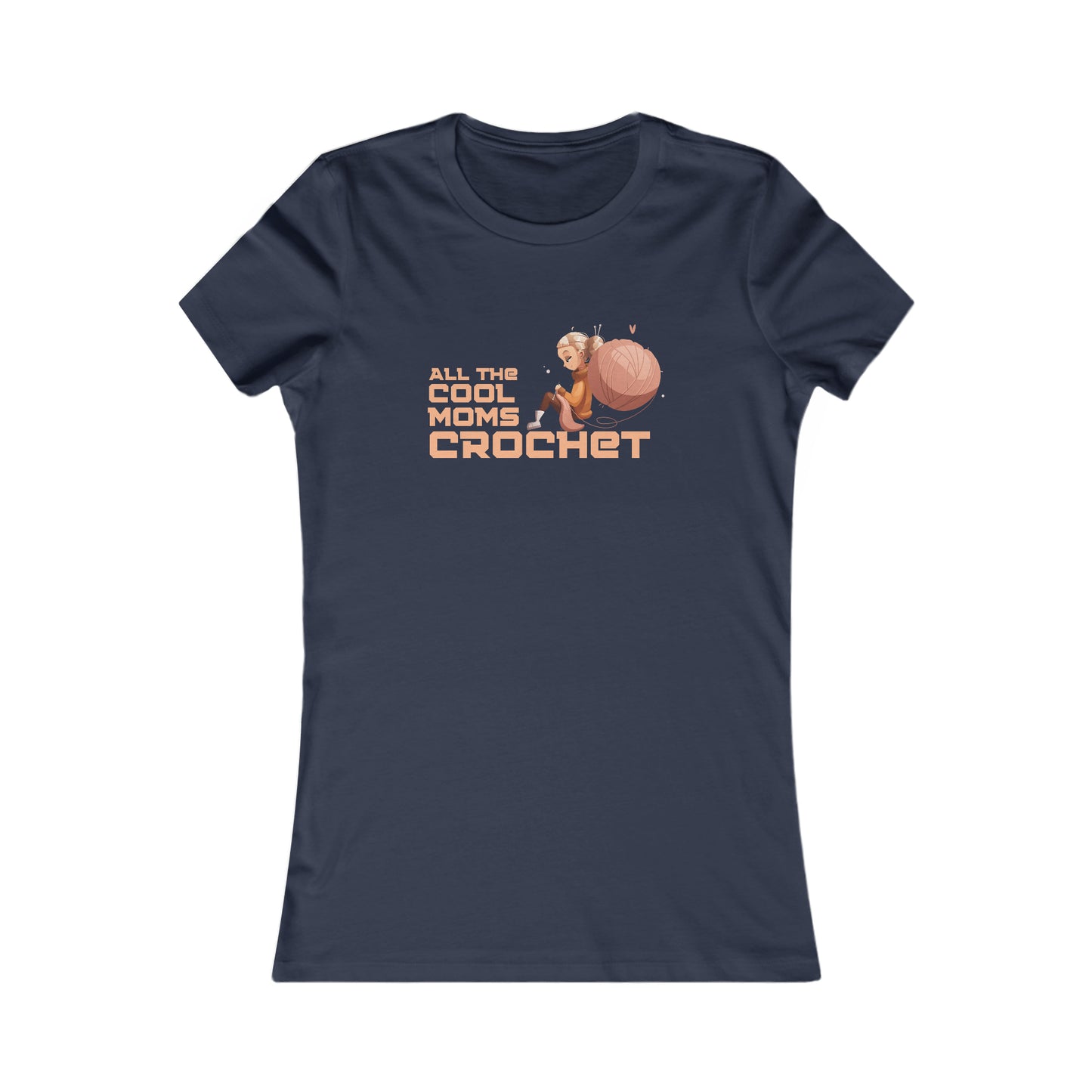 Celebrate moms who crochet with this navy blue T-shirt from the Gifts For Mom store, featuring ALL THE COOL MOMS CROCHET and a charming illustration of a woman seated beside a large ball of yarn with a crochet hook.