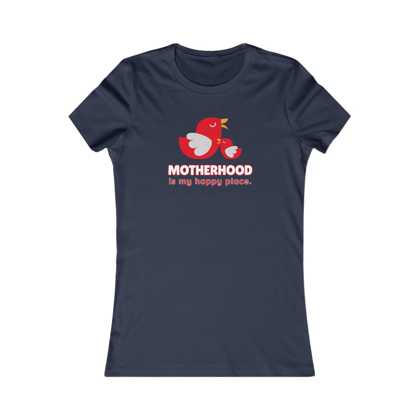 Navy blue t-shirt with a red cartoon of a mother bird and a baby bird, above the text MOTHERHOOD is my happy place. Available at the Gifts For Mom store, it’s perfect for those looking to celebrate mom in style.