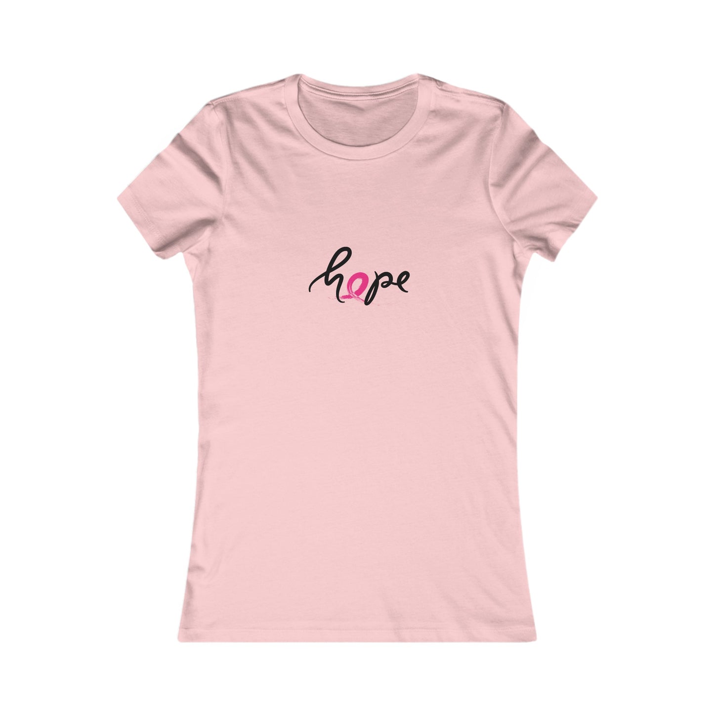 Pink t-shirt with the word hope elegantly printed in black and pink. The o is actually a pink ribbon, perfect for supporting breast cancer awareness. The fitted design is showcased on a plain white background, making it an ideal find at the Gifts For Mom store.