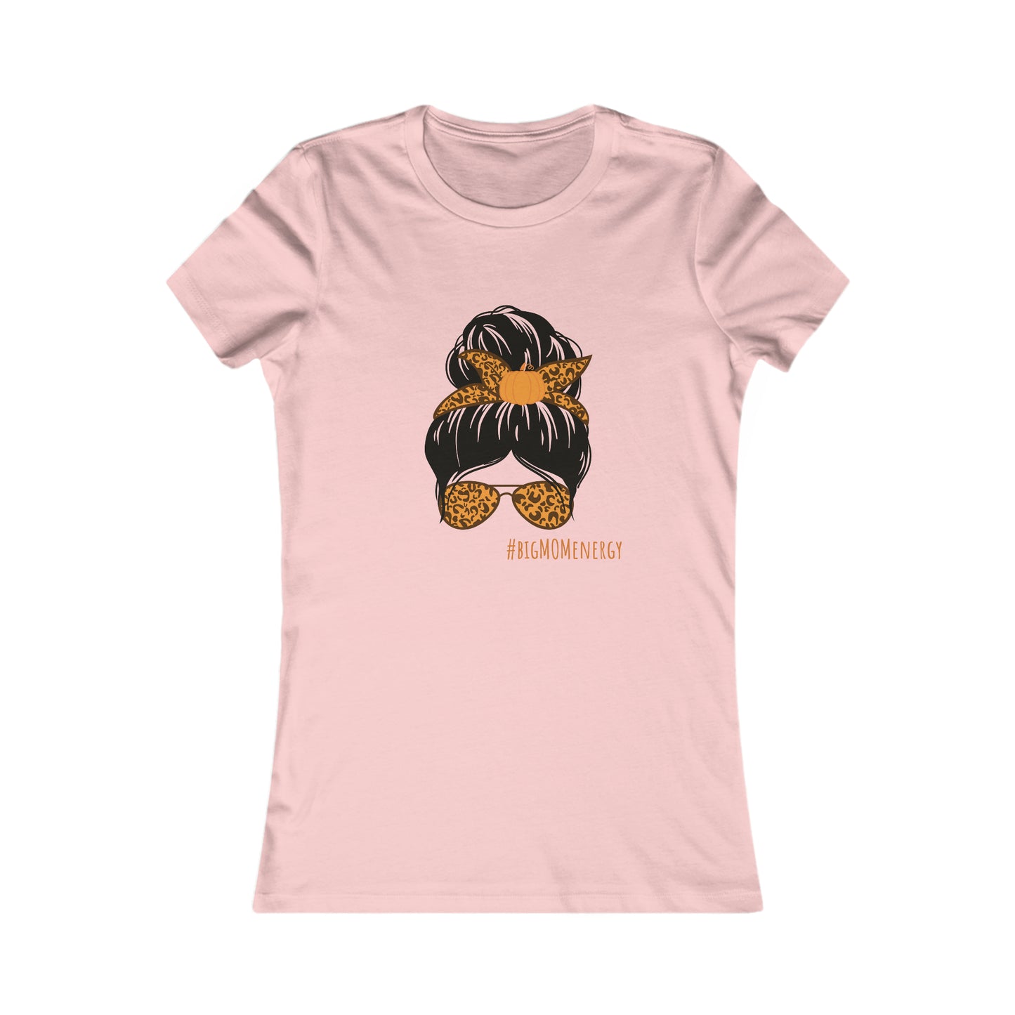Discover the perfect gift at the Gifts For Mom store: a pink T-shirt adorned with an illustration of a womans hair in a bun, accented by a leopard print bandana and matching sunglasses. Embrace #BIGMOMENERGY with this charming design!.
