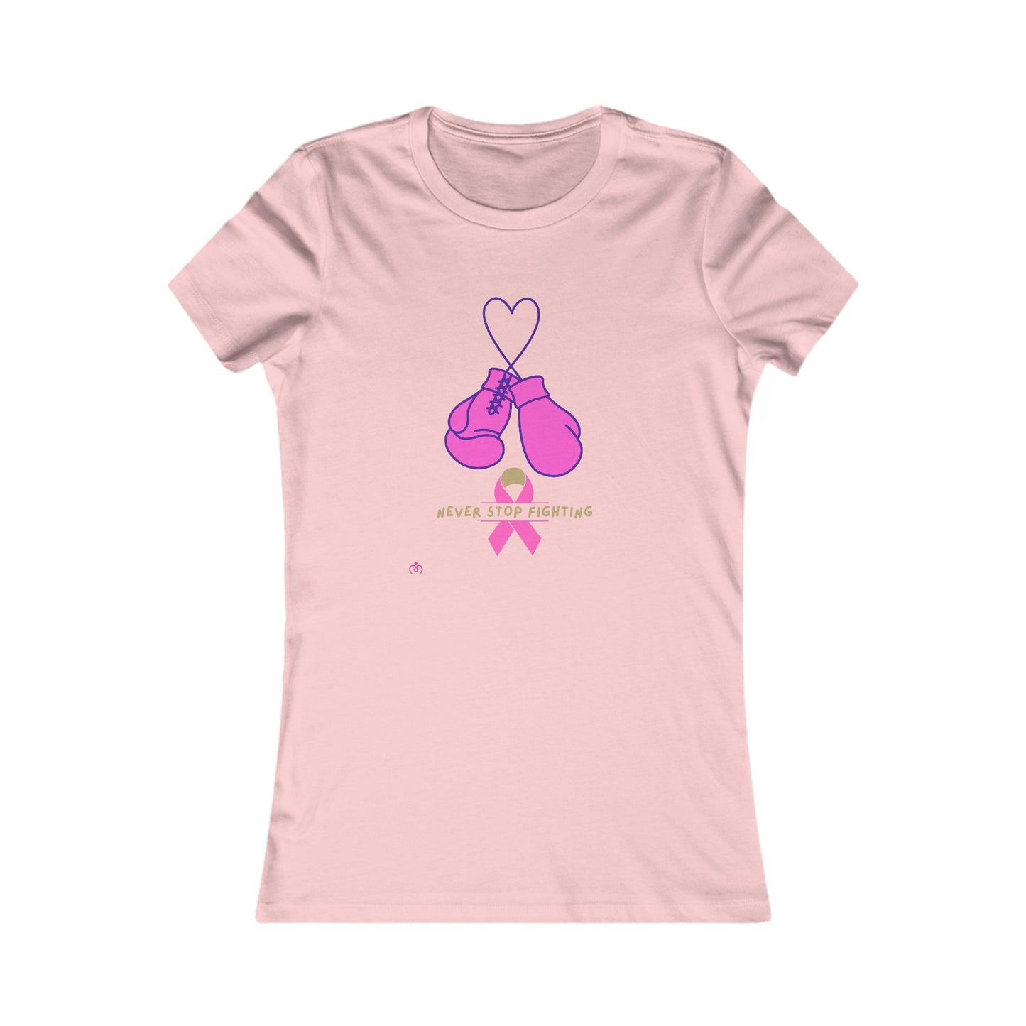 Pink t-shirt featuring a design of pink boxing gloves hanging from a heart outline above a pink ribbon. Perfect for promoting breast cancer awareness, the text below reads Never Stop Fighting. Available at the Gifts for Mom store.