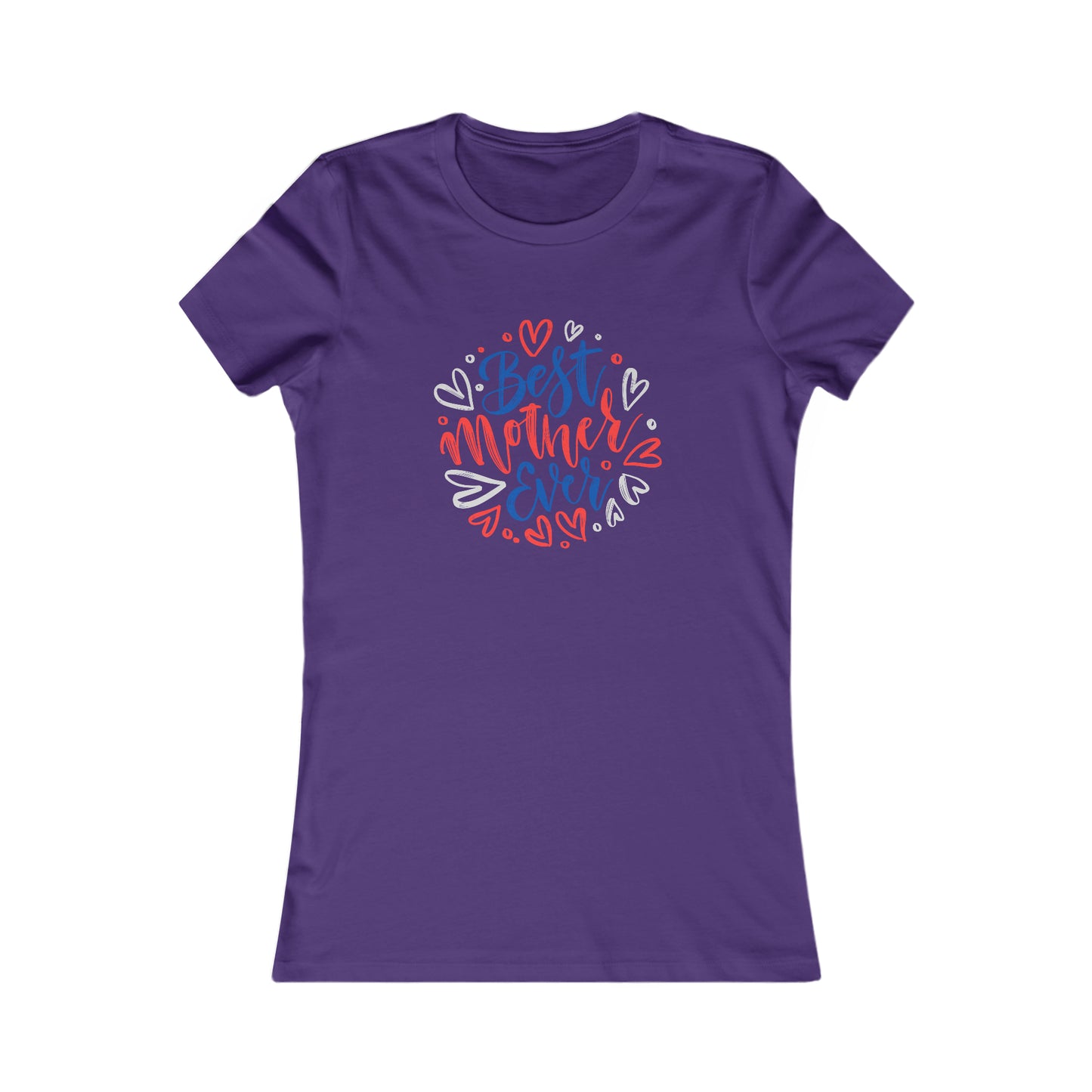 Celebrate mom with this purple T-shirt from the Gifts For Mom store, featuring Best Mother Ever in colorful, playful lettering surrounded by small red, blue, and gray hearts.