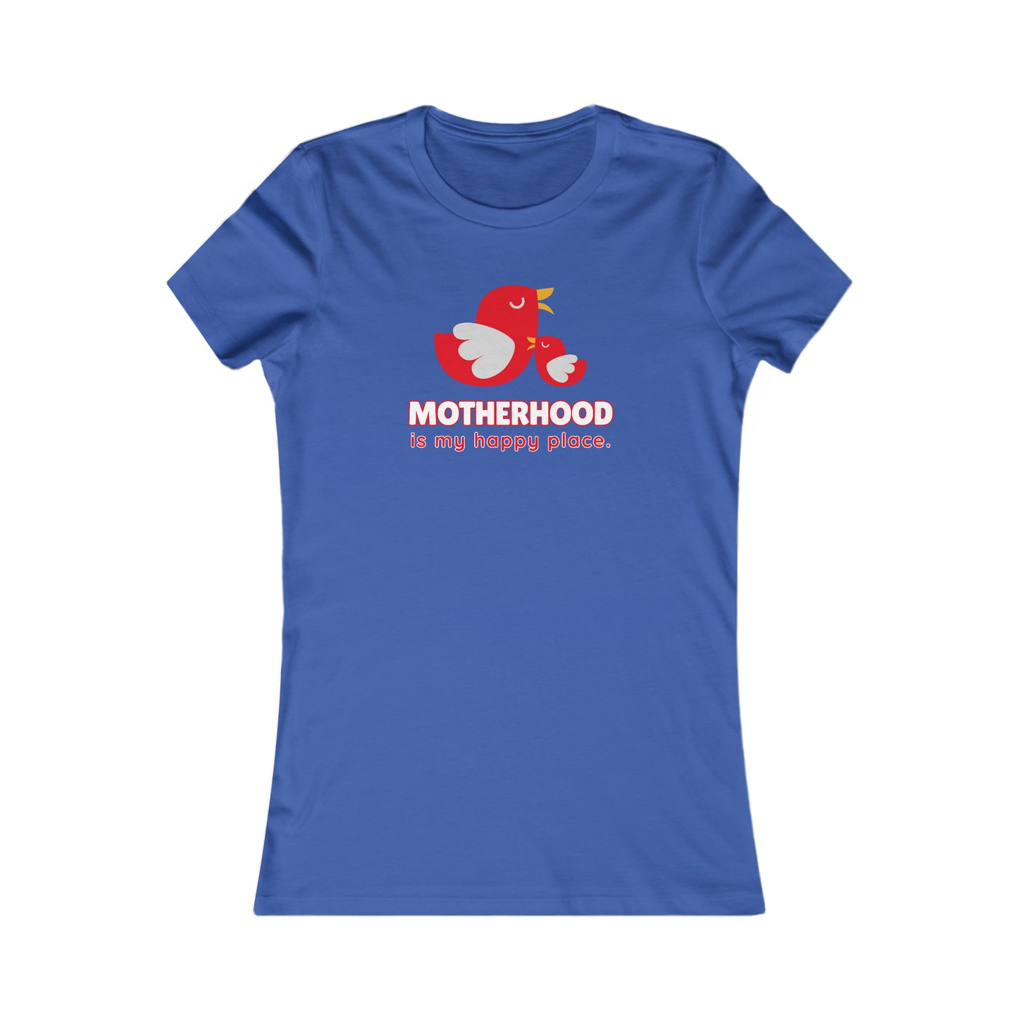 Royal blue t-shirt with a red cartoon of a mother bird and a baby bird, above the text MOTHERHOOD is my happy place. Available at the Gifts For Mom store, it’s perfect for those looking to celebrate mom in style.