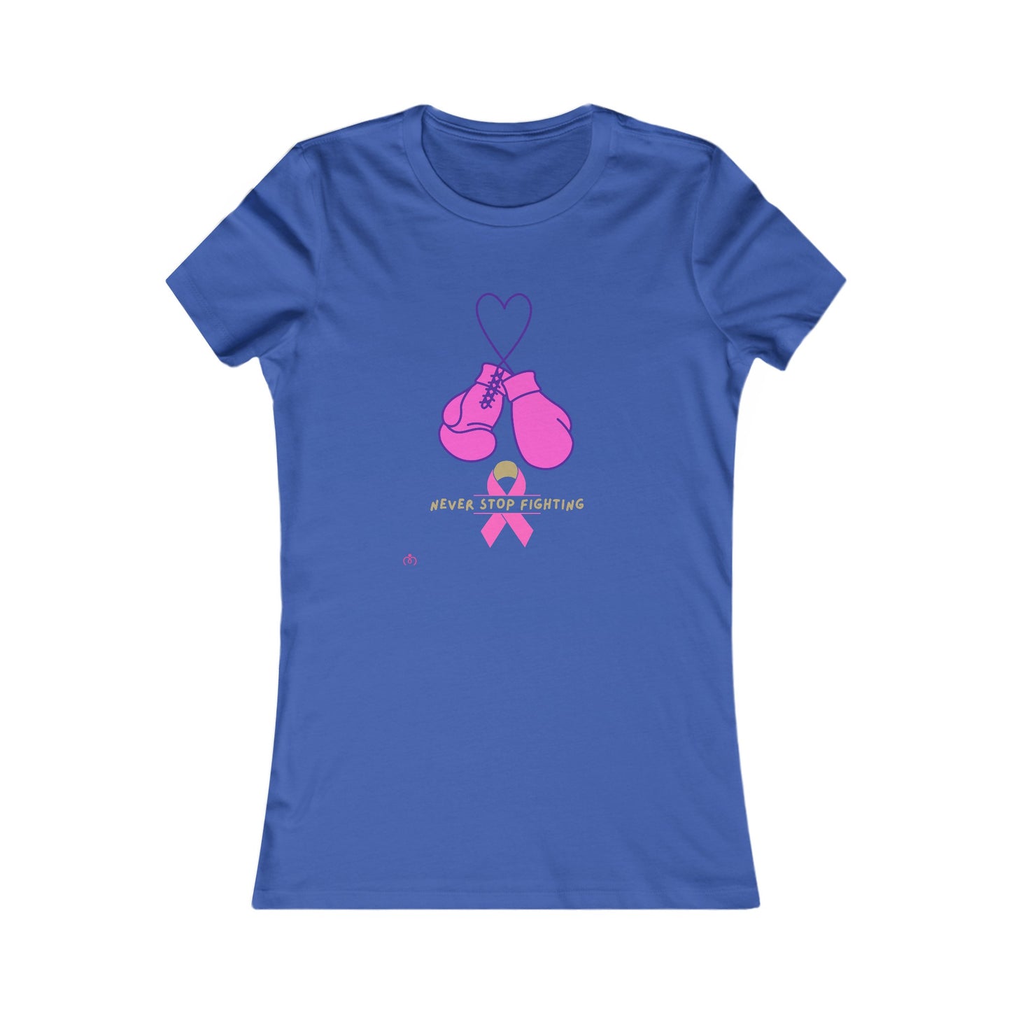 Royal blue t-shirt featuring a design of pink boxing gloves hanging from a heart outline above a pink ribbon. Perfect for promoting breast cancer awareness, the text below reads Never Stop Fighting. Available at the Gifts for Mom store.