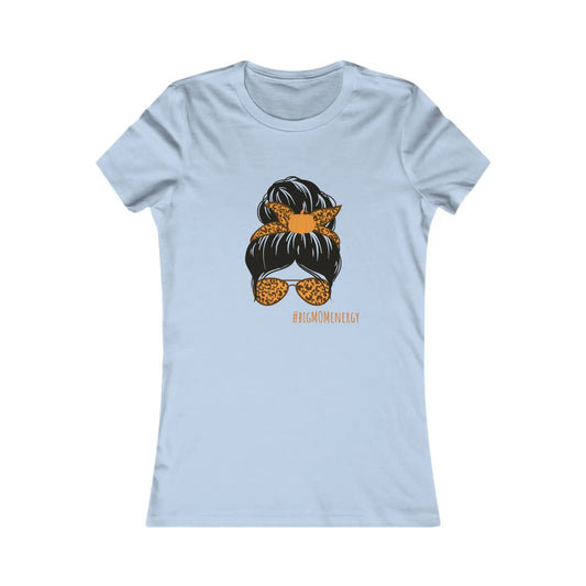 Discover the perfect gift at the Gifts For Mom store: a sky blue T-shirt adorned with an illustration of a womans hair in a bun, accented by a leopard print bandana and matching sunglasses. Embrace #BIGMOMENERGY with this charming design!.
