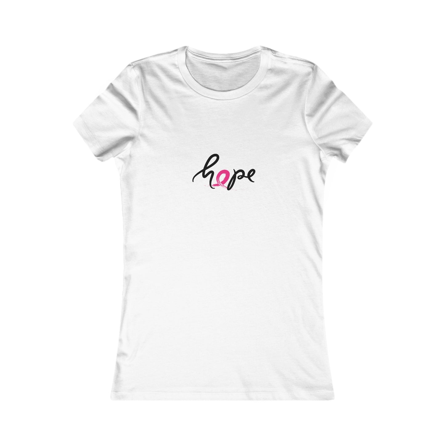 White t-shirt with the word hope elegantly printed in black and pink. The o is actually a pink ribbon, perfect for supporting breast cancer awareness. The fitted design is showcased on a plain white background, making it an ideal find at the Gifts For Mom store.