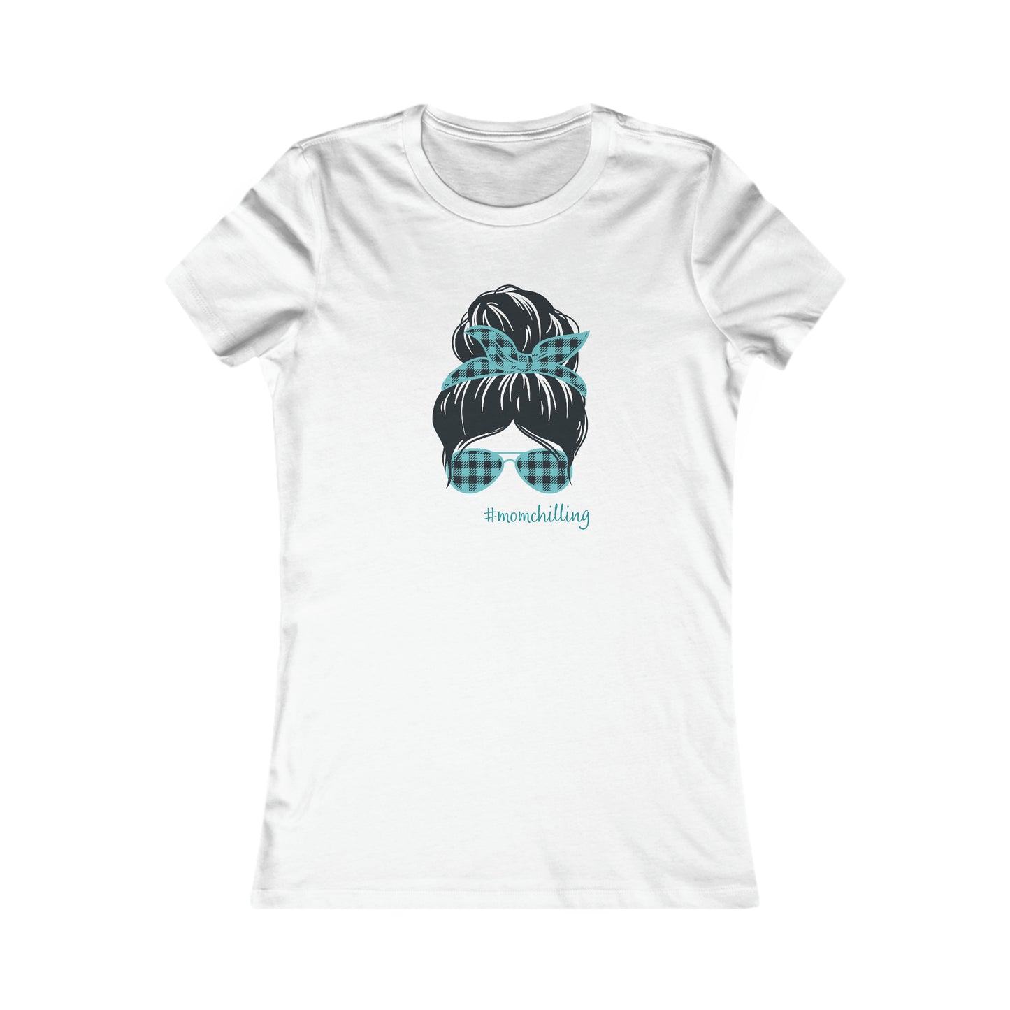 You have found the perfect gift at the Gifts For Mom store: a white t-shirt adorned with an illustration of a womans hair in a bun, accented by a blue and black checkered print bandana and matching sunglasses. Embrace #MOMCHILLING with this charming design!.