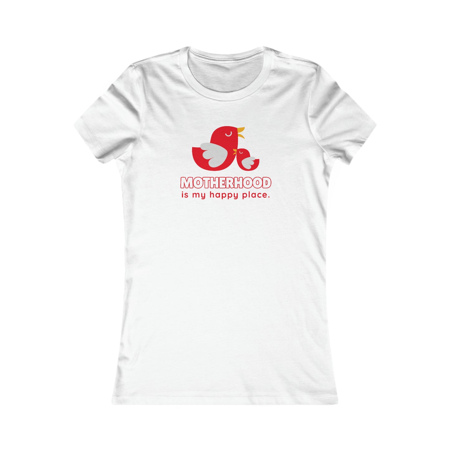 White t-shirt with a red cartoon of a mother bird and a baby bird, above the text MOTHERHOOD is my happy place. Available at the Gifts For Mom store, it’s perfect for those looking to celebrate mom in style.
