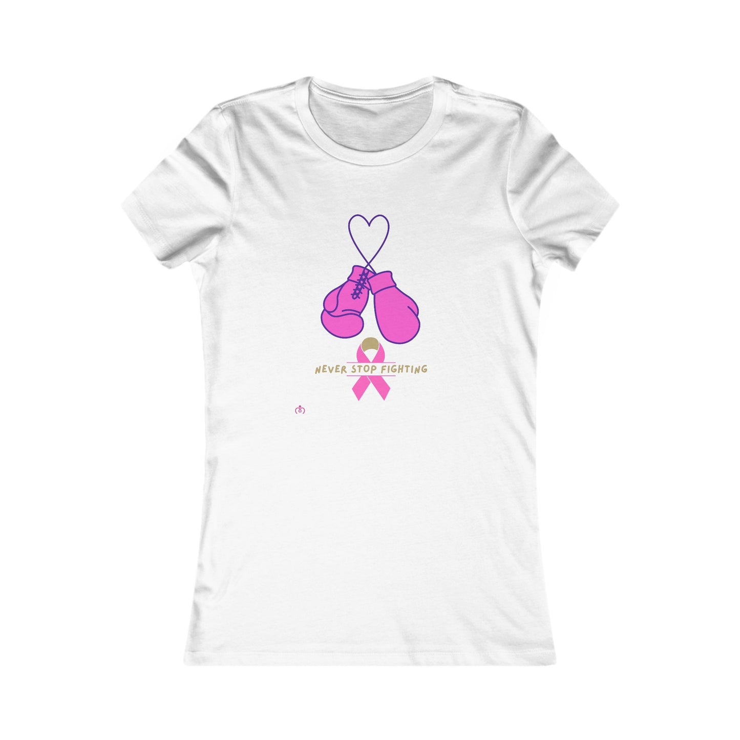 White t-shirt featuring a design of pink boxing gloves hanging from a heart outline above a pink ribbon. Perfect for promoting breast cancer awareness, the text below reads Never Stop Fighting. Available at the Gifts for Mom store.