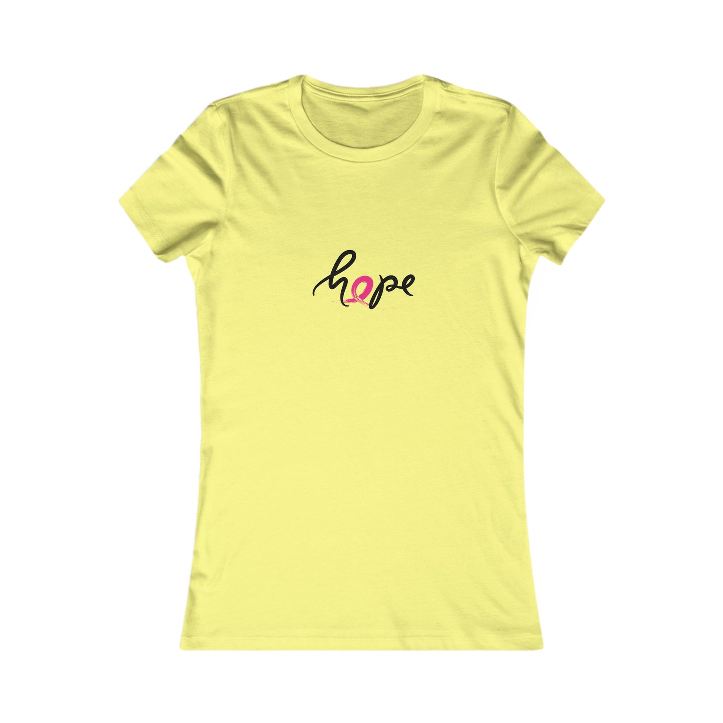 Yellow t-shirt with the word hope elegantly printed in black and pink. The o is actually a pink ribbon, perfect for supporting breast cancer awareness. The fitted design is showcased on a plain white background, making it an ideal find at the Gifts For Mom store.