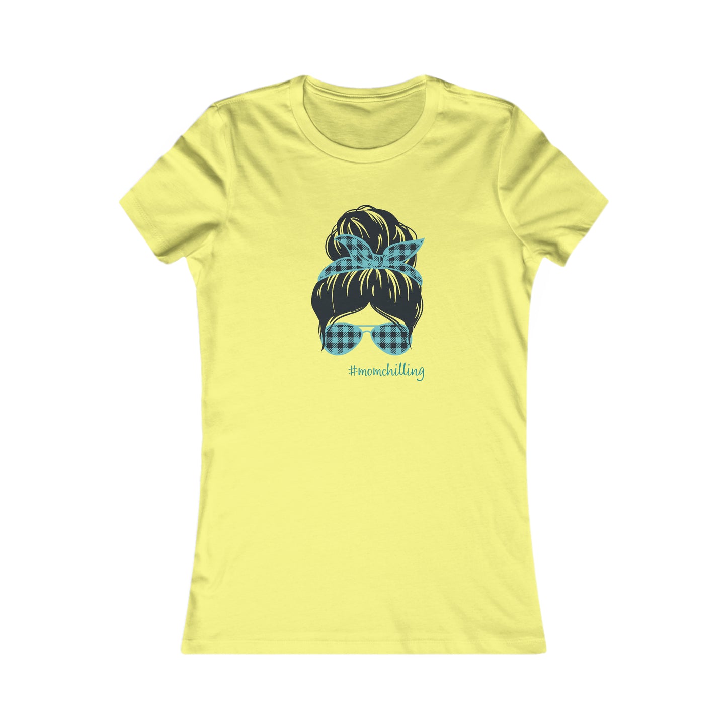 You have found the perfect gift at the Gifts For Mom store: a yellow t-shirt adorned with an illustration of a womans hair in a bun, accented by a blue and black checkered print bandana and matching sunglasses. Embrace #MOMCHILLING with this charming design!.