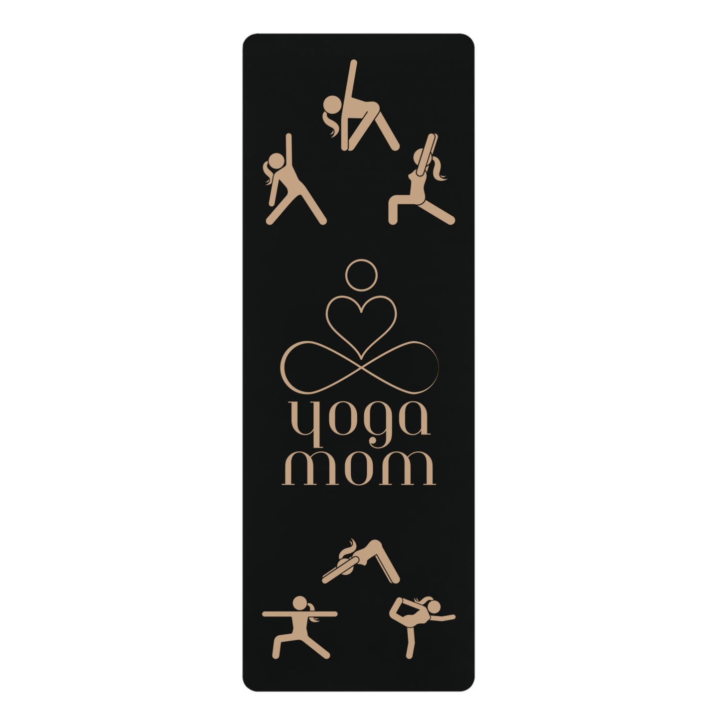 A black rubber yoga mat featuring gold illustrations of various poses, with yoga mom in stylized text at the center, surrounded by six symmetrical pose illustrations. It includes a carrying strap, making it an ideal find from the Gifts for Mom store.