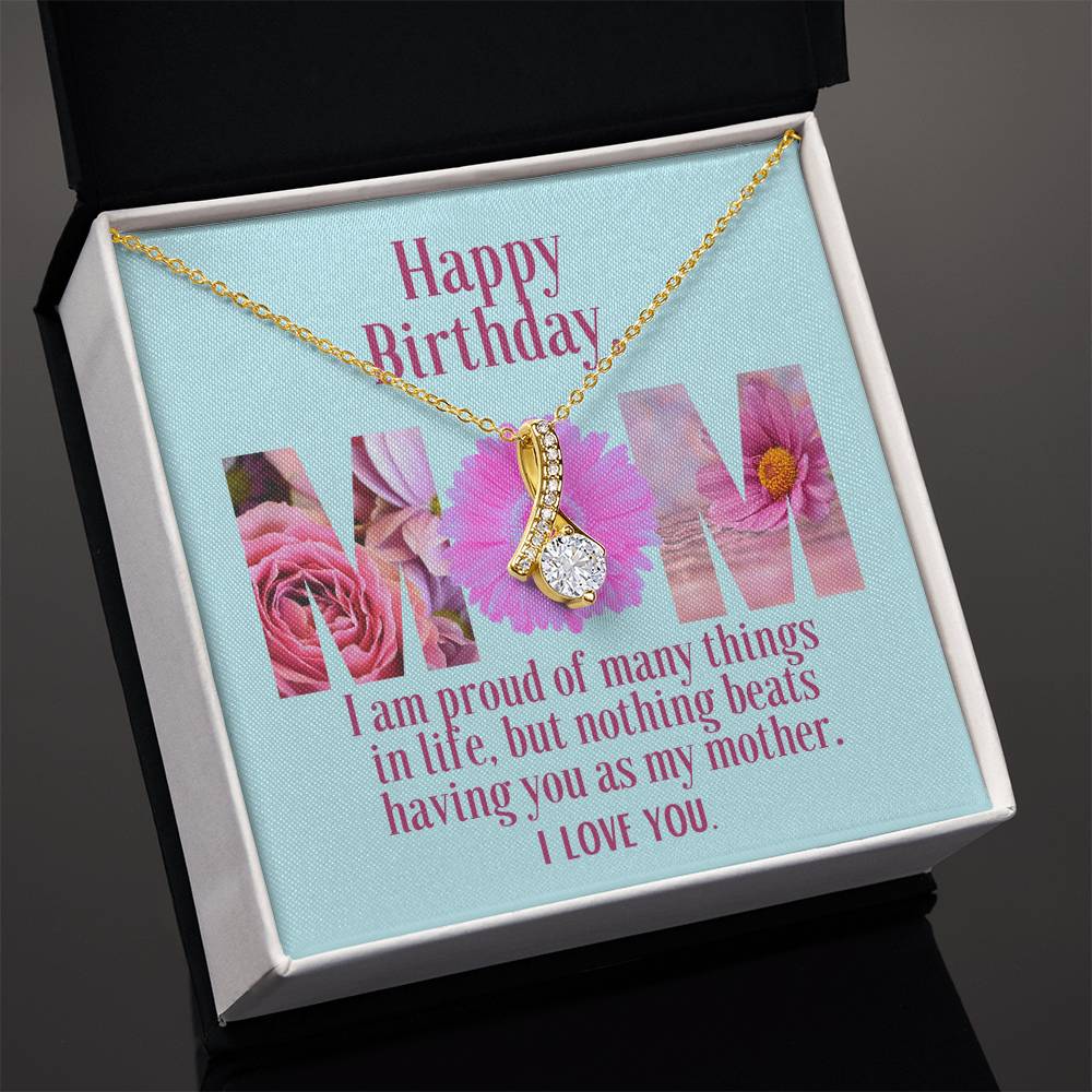 Ribbon Pendant Necklace with "Birthday Flowers Message Card" | Card is customizable to be family gift | Great Bday Present For Mom | Gifts for Moms