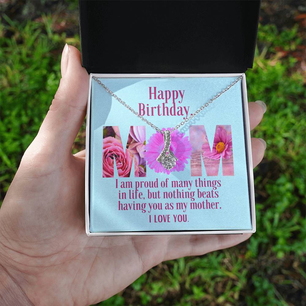 Ribbon Pendant Necklace with "Birthday Flowers Message Card" | Card is customizable to be family gift | Great Bday Present For Mom | Gifts for Moms