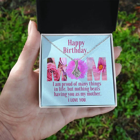 Ribbon Pendant Necklace with "Birthday Flowers Message Card" | Card is customizable to be family gift | Great Bday Present For Mom | Gifts for Moms ShineOn Fulfillment