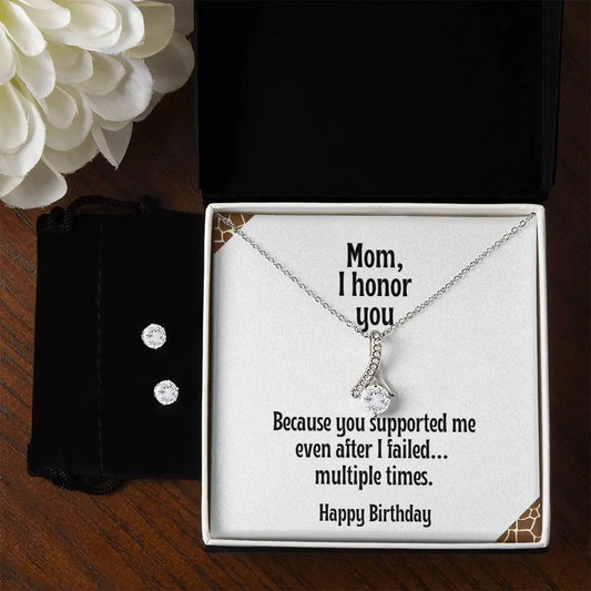 Alluring Beauty Necklace and CZ earrings bundle for Mom | Ribbon Pendant | Because you supported me | Happy Birthday ShineOn Fulfillment