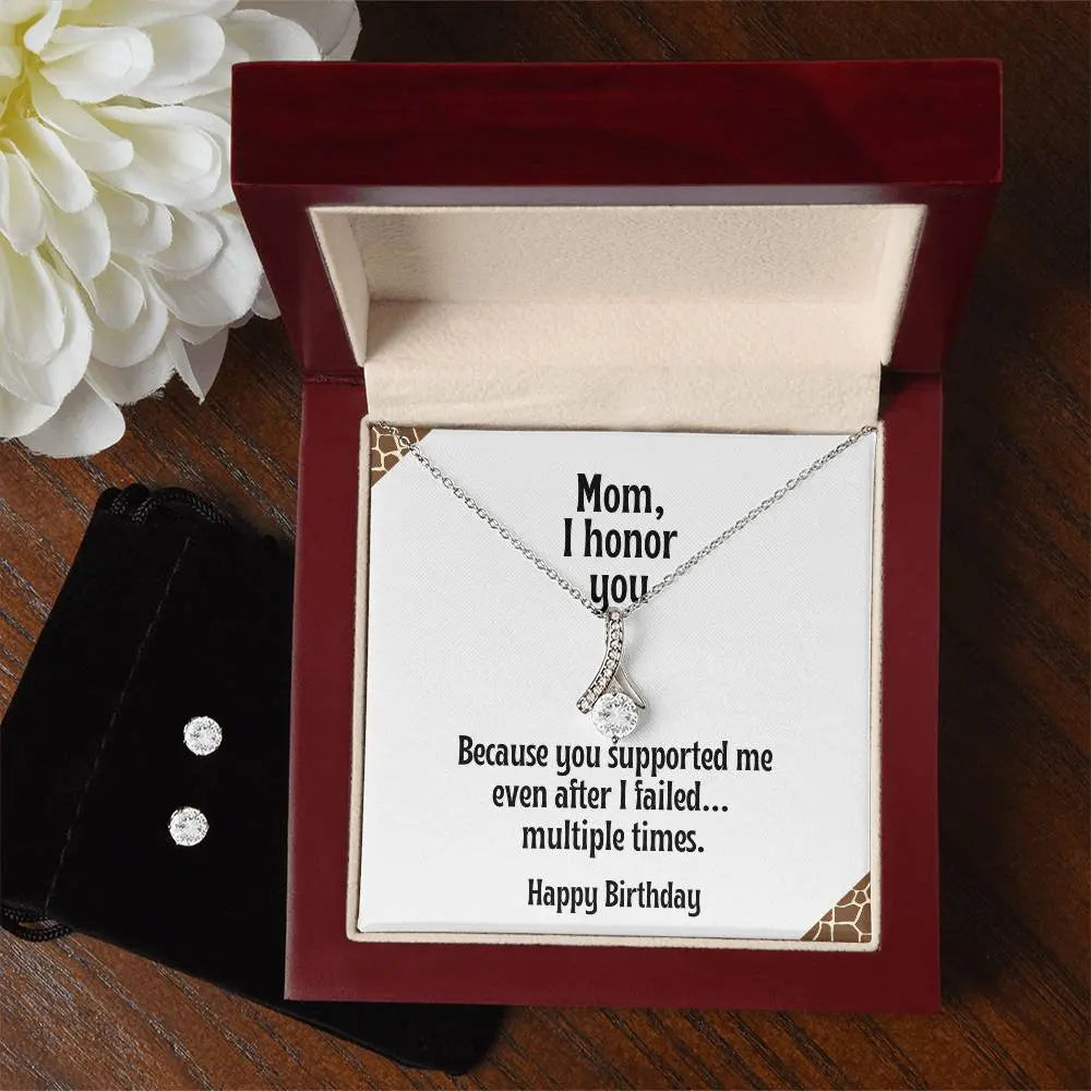 Alluring Beauty Necklace and CZ earrings bundle for Mom | Ribbon Pendant | Because you supported me | Happy Birthday ShineOn Fulfillment