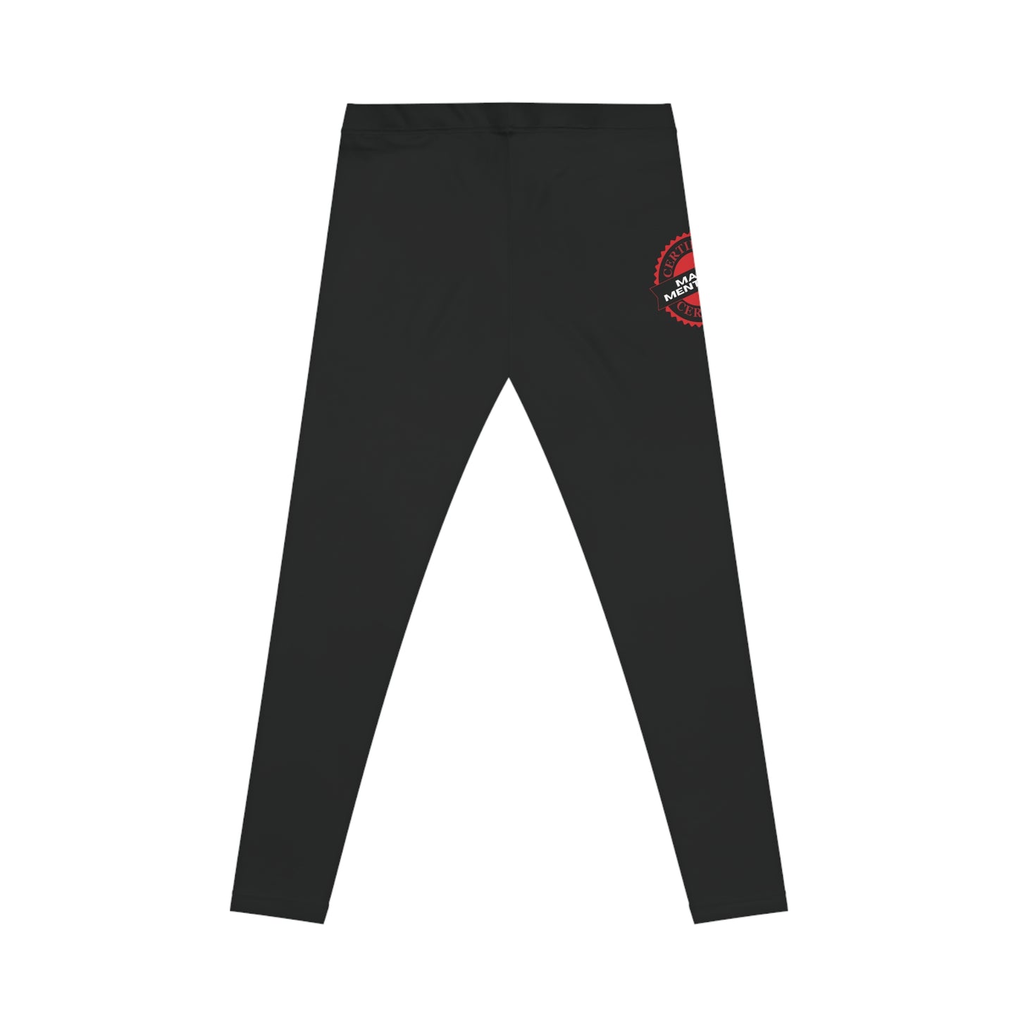 Back view of black leggings featuring a red circular logo that reads Mama Mentality.