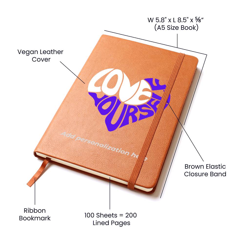 A vegan leather journal featuring an engraved heart made up of the word "love" in white and "yourself" in purple. This journal from the Gifts For Mom store is personalizable.