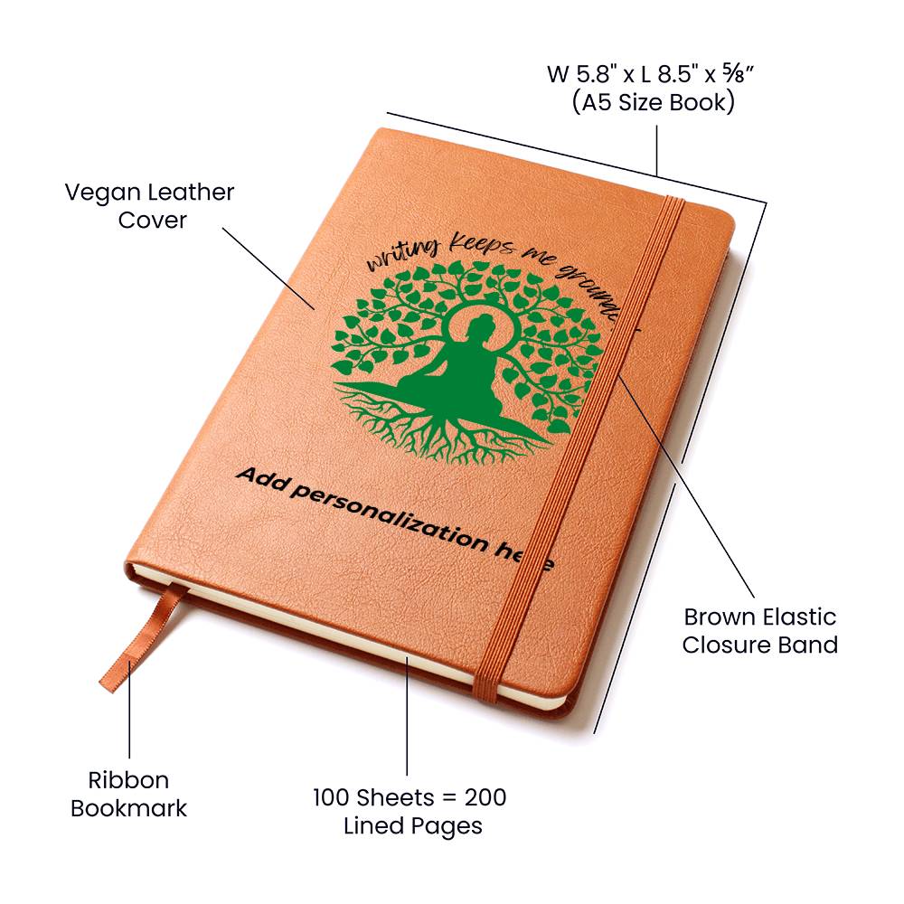 A vegan leather journal featuring an engraved green tree, roots, and a person design beautifully displays the phrase writing keeps me grounded. This journal from the Gifts For Mom store is personalizable.