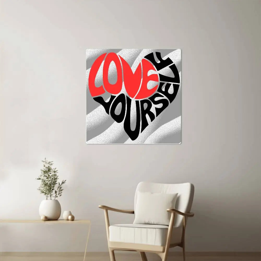 Stylized heart shape formed by the words Love Yourself in bold letters. Love is in red, and Yourself is in black, set against a background of wavy gray and white stripes. Ideal as metal wall art from our Gifts for Mom store, its a heartfelt reminder to cherish oneself.