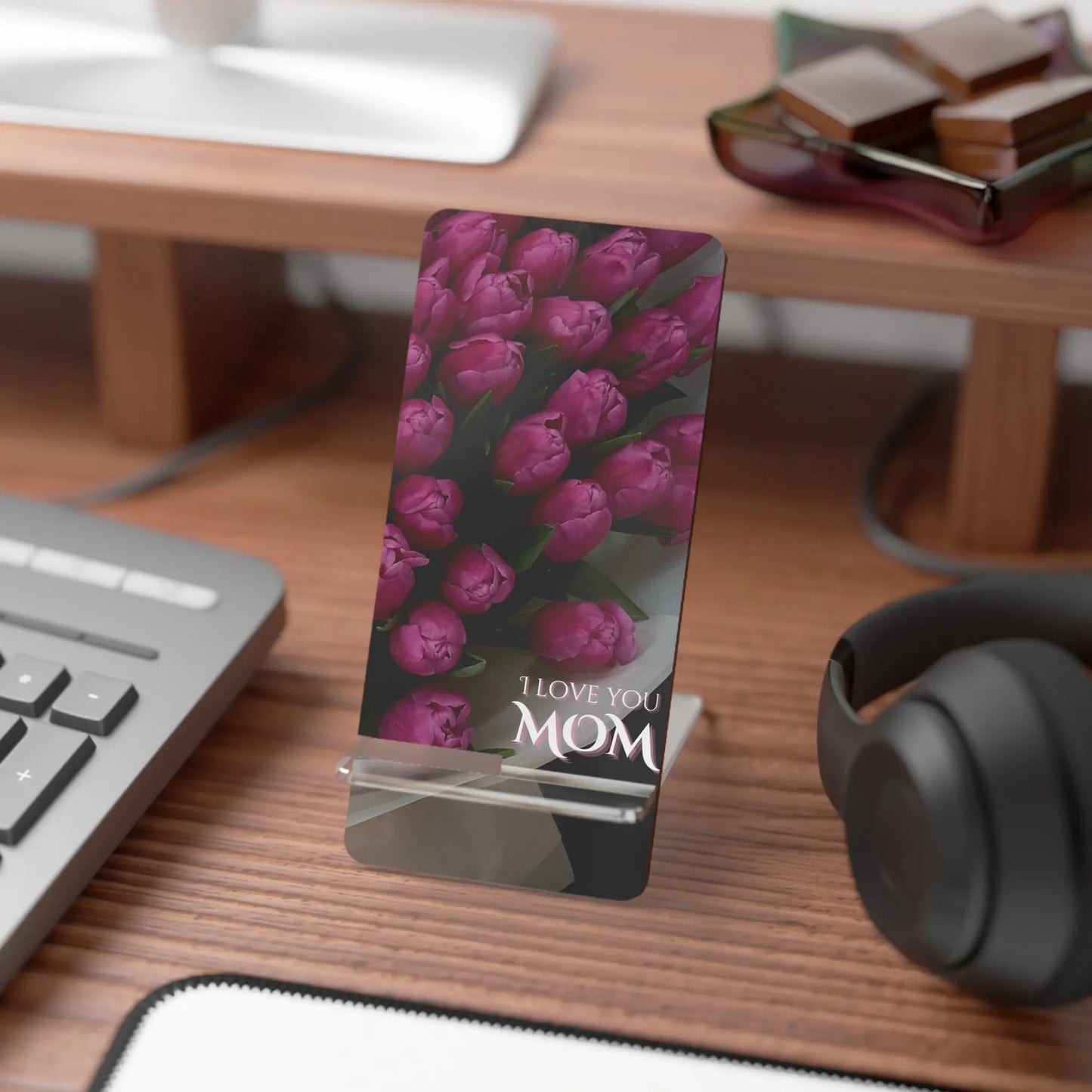 Phone Stand — "I Love You Mom" Floral Mobile Display Stand Printify