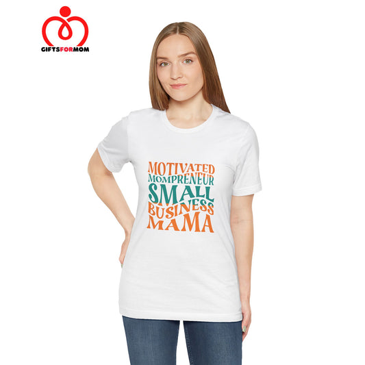 Person wearing a black t-shirt with colorful text in various fonts reading: Motivated Mompreneur Small Business Mama, perfect for the enterprising spirit of those shopping at the Gifts for Mom store.