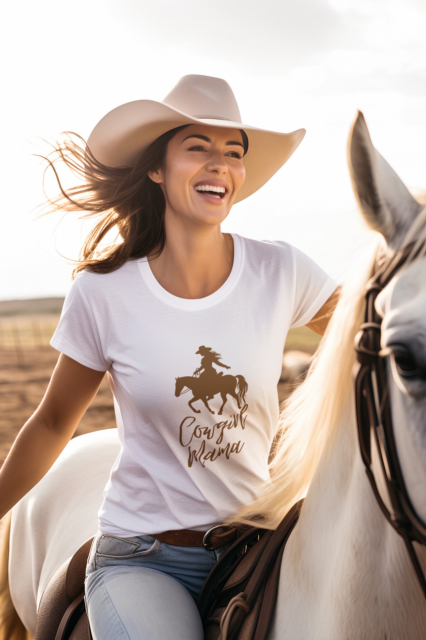A woman in a cowboy hat and a white Cowgirl Mama T-shirt, from the Gifts For Mom store, is joyfully riding a white horse in the sunny, open field.