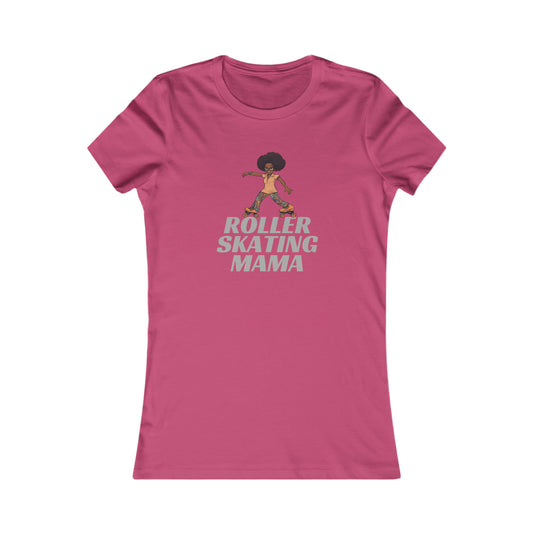 Berry t-shirt featuring an illustration of a person roller skating with an afro hairstyle, above the bold text ROLLER SKATING MAMA. Perfect for roller skating enthusiasts, the design is centered on the shirt and available at the Gifts For Mom store.