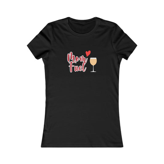 It's the perfect gift for wine loving mothers from our Gifts For Mom store: a black t-shirt featuring a wine glass filled with a chardonnay with the text Mom fuel. A heart accent is also part of the graphic.