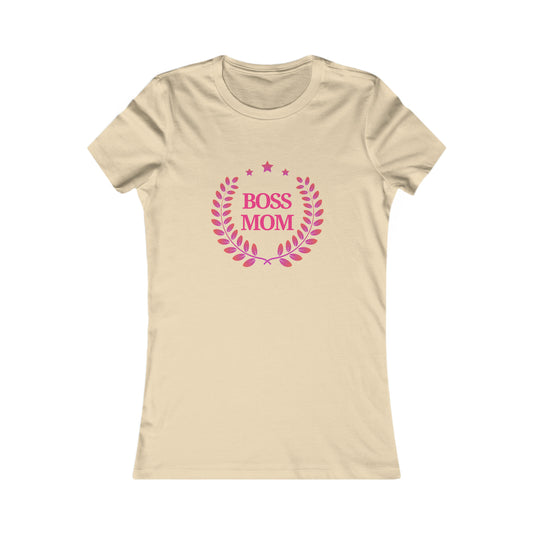 A cream womens t-shirt from the Gifts For Mom store, featuring Boss Mom in pink, encircled by a laurel wreath design. Its a perfect way to celebrate mom with style and appreciation.