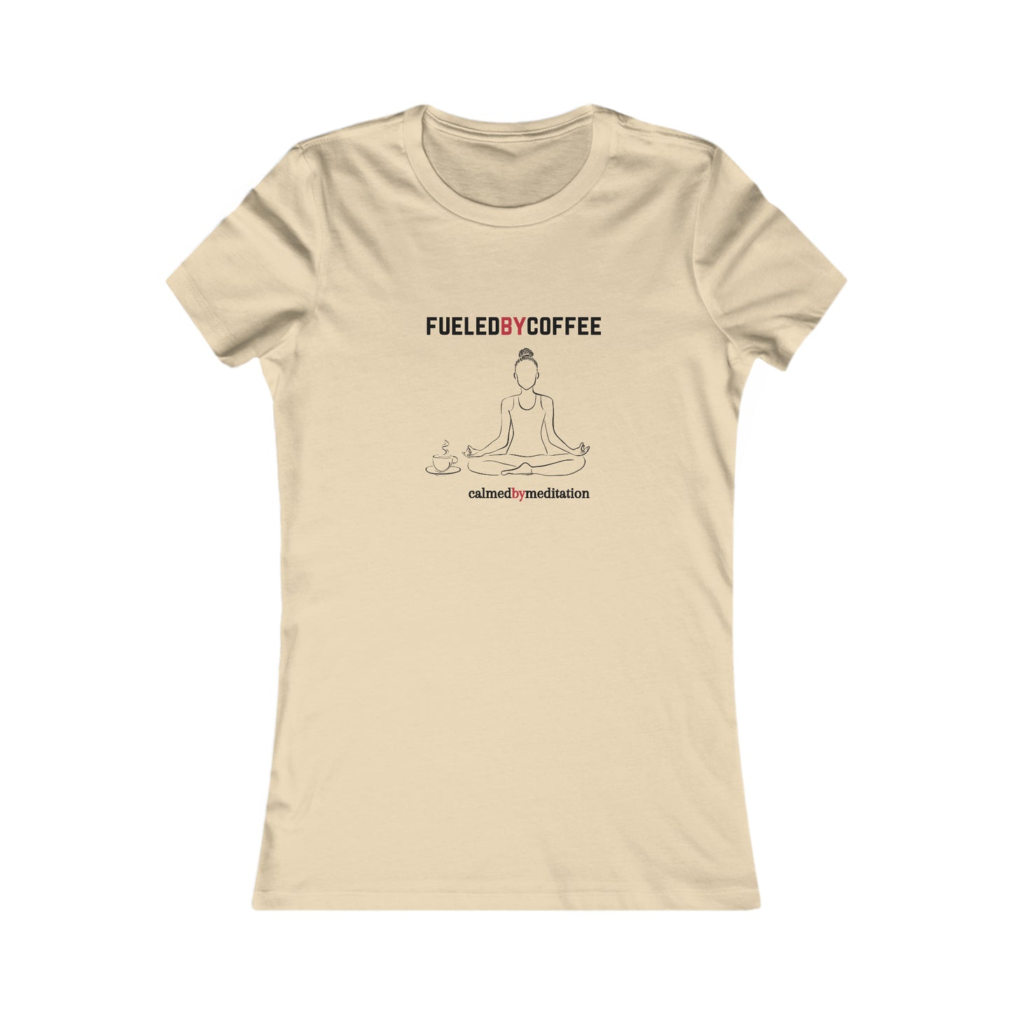 A cream t-shirt from the Gifts For Mom store showcases a simple line drawing of a person meditating, flanked by coffee cups. Text above reads FUELED BY COFFEE and below reads calmed by  meditation—perfect for celebrating mom’s love for peace and caffeine.