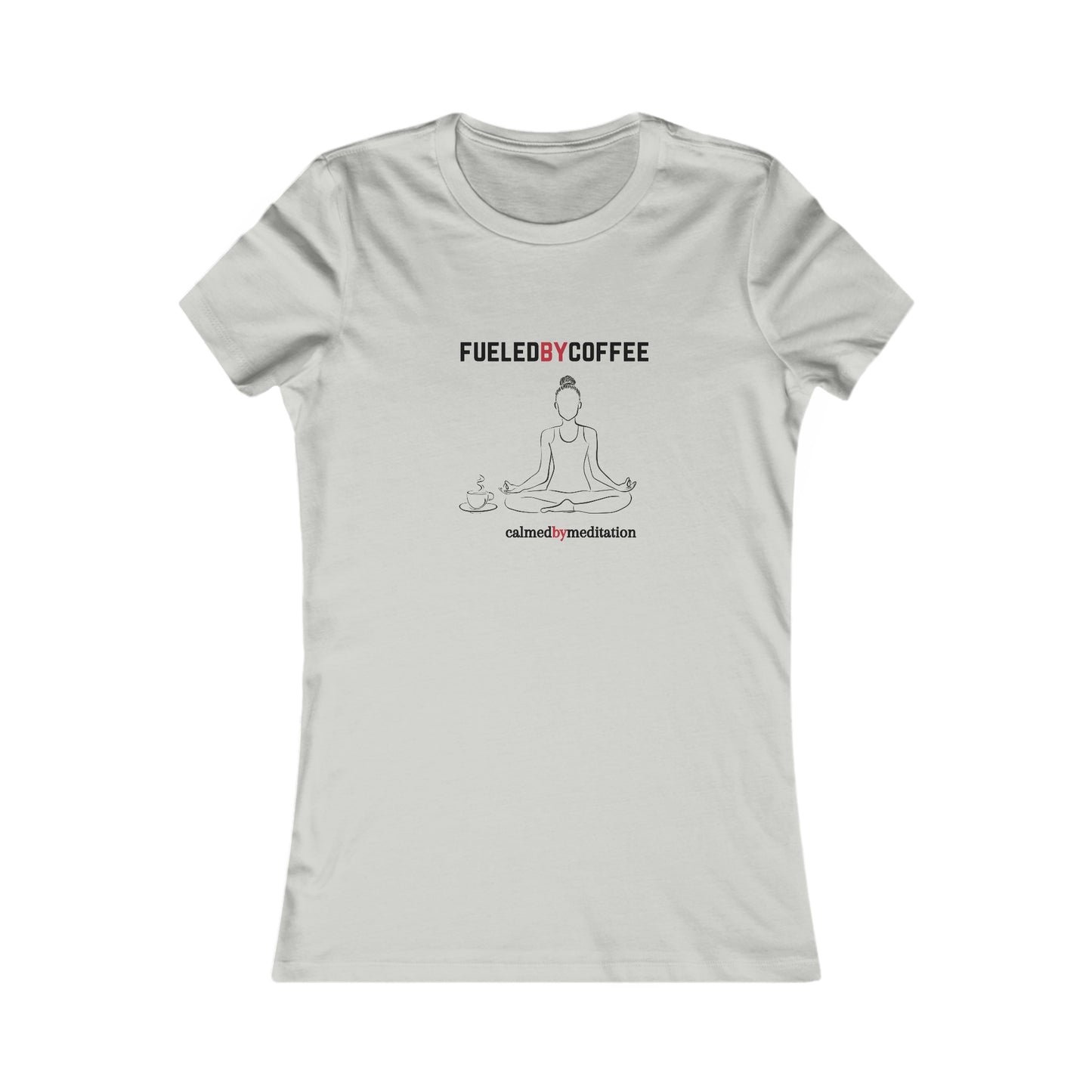 A grey t-shirt from the Gifts For Mom store showcases a simple line drawing of a person meditating, flanked by coffee cups. Text above reads FUELED BY COFFEE and below reads calmed by  meditation—perfect for celebrating mom’s love for peace and caffeine.
