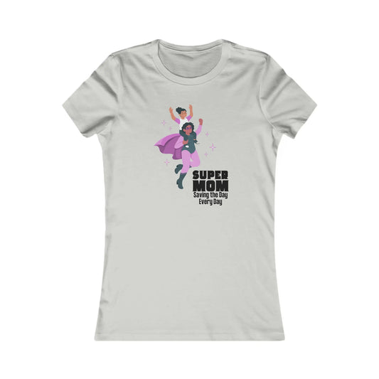 Grey t-shirt featuring an illustration of a woman in a superhero costume carrying a smiling child. The text reads SUPER MOM Saving the Day Every Day. Perfect for celebrating mom and available at the Gifts For Mom store.