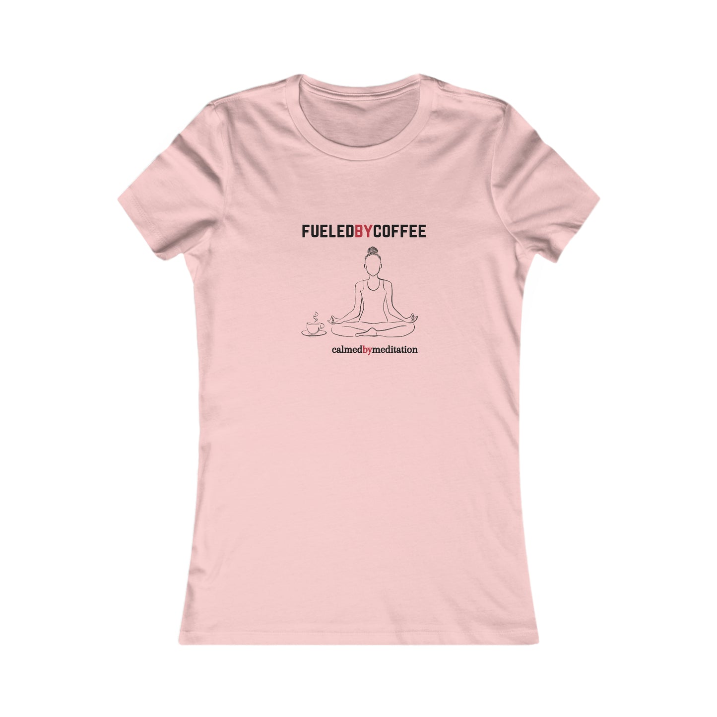 A pink t-shirt from the Gifts For Mom store showcases a simple line drawing of a person meditating, flanked by coffee cups. Text above reads FUELED BY COFFEE and below reads calmed by  meditation—perfect for celebrating mom’s love for peace and caffeine.