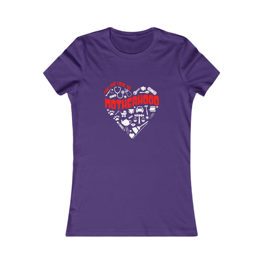 Purple t-shirt with red text, For the Love of Motherhood, available at the Gifts For Mom store. The design features baby-related icons subtly forming a heart shape around Motherhood to celebrate mom in style.